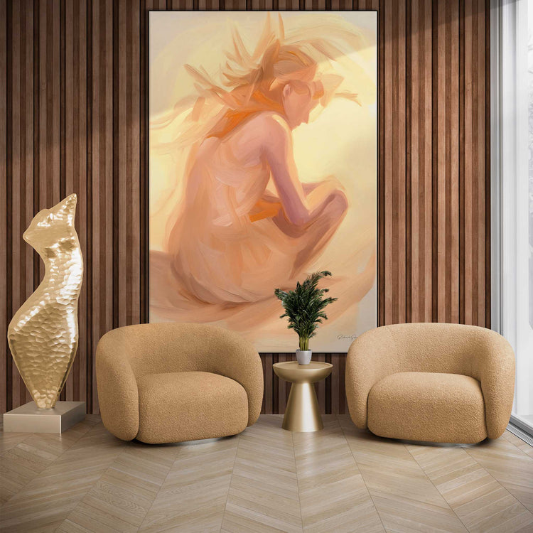 Feminine Collection | Luminous Contemplation | Serene Meditative Figure in Soft Light Art by Roderick Sebastiaan | Zone-LuminousContemplationliving-room-with-armchairs-and-sculpture-2x3-1-Panel