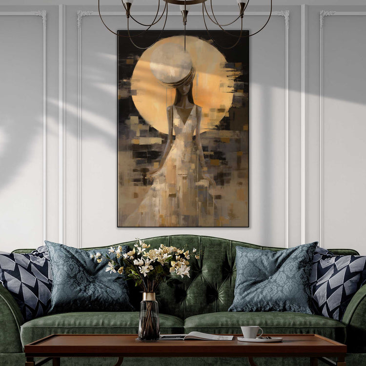 Feminine Collection | Luna Eleganza | Serene Moonlight Silhouette on Luxury Art cloth by Roderick Sebastiaan | Zone-LunaEleganzaclassic-living-room-with-fancy-sofa