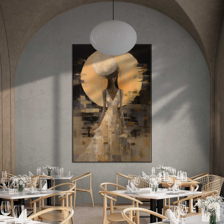 Feminine Collection | Luna Eleganza | Serene Moonlight Silhouette on Luxury Art cloth by Roderick Sebastiaan | Zone-LunaEleganzafancy-restaurant-with-vaulted-ceiling