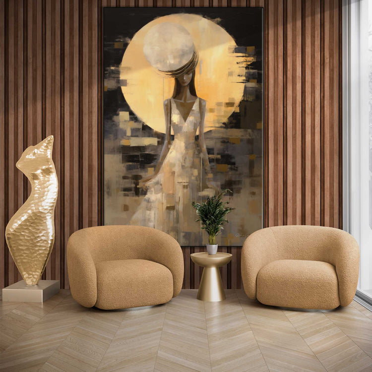 Feminine Collection | Luna Eleganza | Serene Moonlight Silhouette on Luxury Art cloth by Roderick Sebastiaan | Zone-LunaEleganzaliving-room-with-armchairs-and-sculpture-2x3-1-Panel