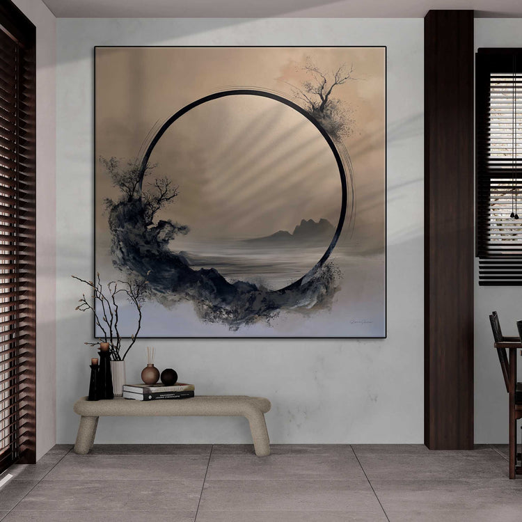 Minimalism Collection | Monochrome Oasis | Tranquil Minimalist Zen Circle in Grayscale Art Print by Roderick Sebastiaan | Zone-MonochromeOasisopen-plan-room-with-wood-accents