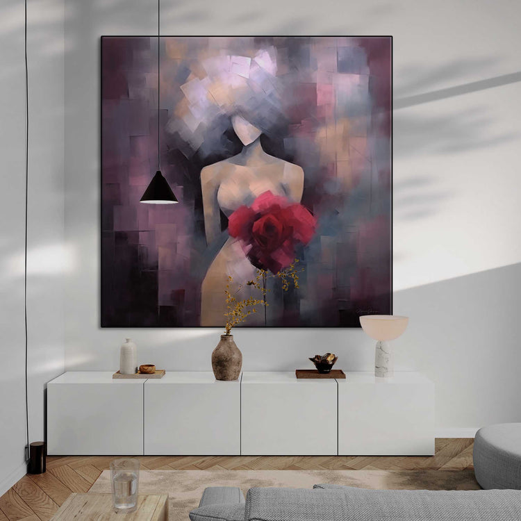 Feminine Collection | Mosaic Muse | Abstract Figure with Vivid Color Accents by Roderick Sebastiaan | Zone-MosaicMuseliving-room-with-long-cabinet-and-hanging-light