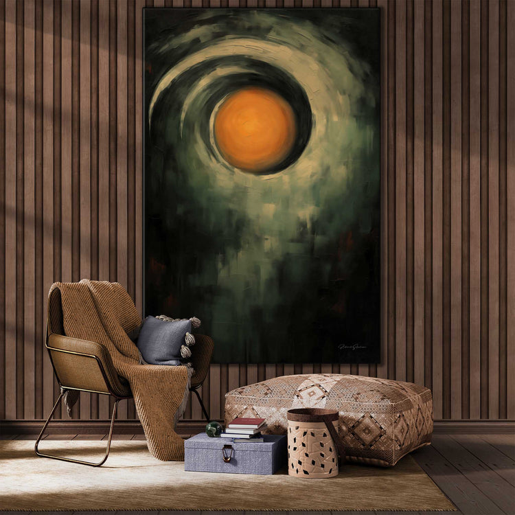 Abstract Collection | Mystic Solaris | Abstract Solar Mystery in Dark Hues Art Print by Roderick Sebastiaan | Zone-MysticSolarisliving-room-with-chair-and-large-pouf-2x3-1-Panel