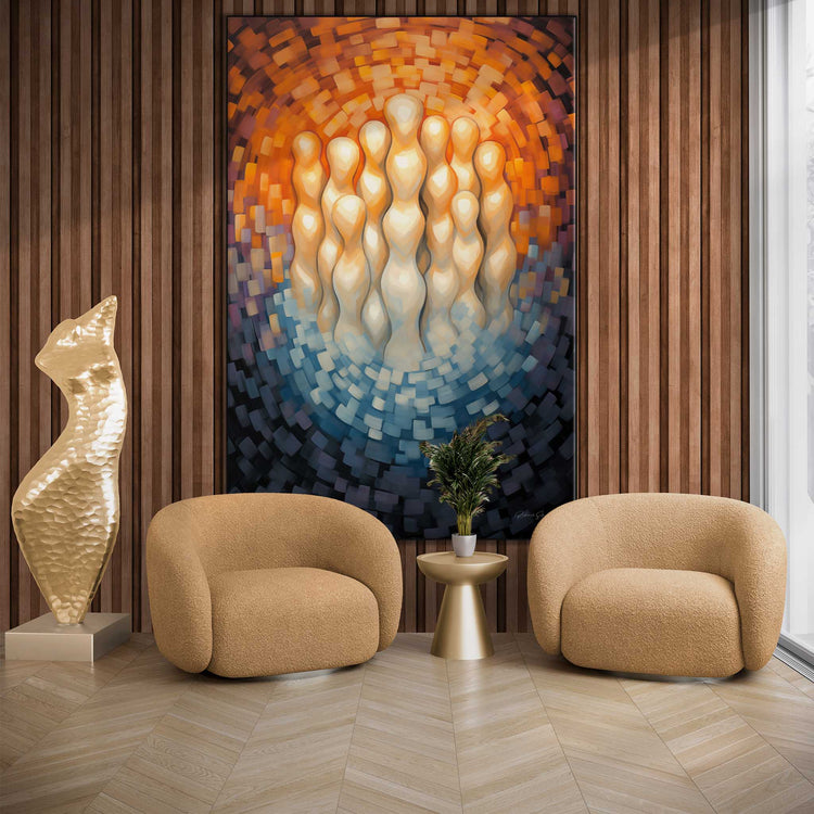 Abstract Collection | Oscillation of Origins | Lively & Rhythmic Abstraction on Modern Art Frame by Roderick Sebastiaan | Zone-OscillationofOriginsliving-room-with-armchairs-and-sculpture-2x3-1-Panel