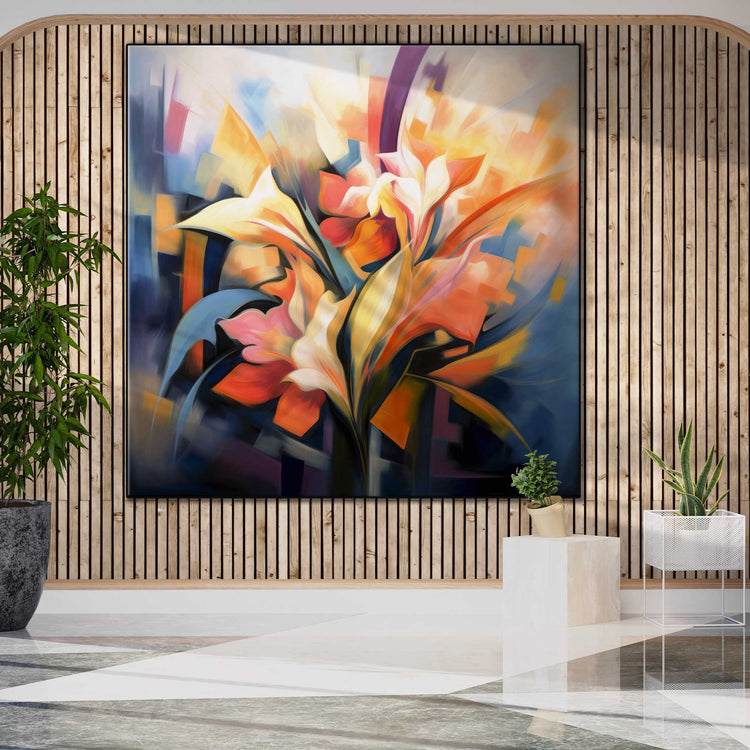 Botanical Collection | Petali di Fantasia | Colourful Flower Abstraction on Special Art Cloth by Roderick Sebastiaan | Zone-PetalidiFantasialobby-with-feature-wall-and-plants-1x1-1-Panel