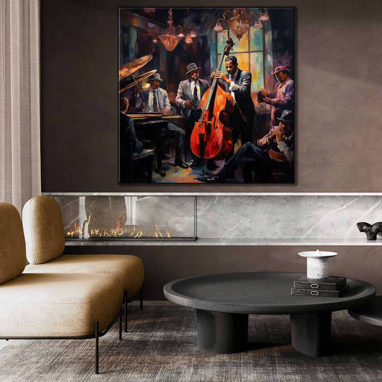 Music Collection | Pulse of Bourbon Street | Warm and Atmospheric Jazz Night on Art Frame by Roderick Sebastiaan | Zone-PulseofBourbonStreetbright-modern-living-room-with-gas-fireplace-1x1-1-Panel