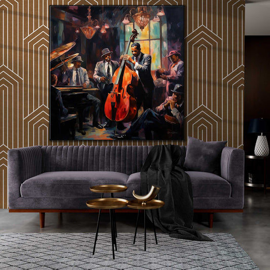 Music Collection | Pulse of Bourbon Street | Warm and Atmospheric Jazz Night on Art Frame by Roderick Sebastiaan | Zone-PulseofBourbonStreetliving-room-with-sofa-and-brass-tables-1x1-1-Panel