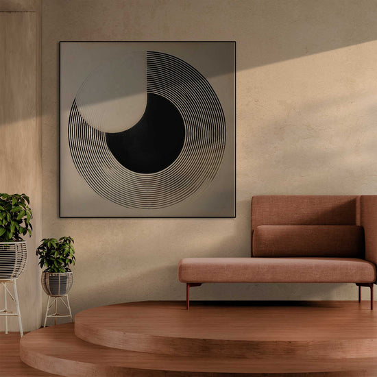 Minimalism Collection | Record of Equilibrium | Harmony in Abstract Black & White Contrast Art Print by Roderick Sebastiaan | Zone-RecordofEquilibriuminterior-with-modern-sofa-on-platform-flooring