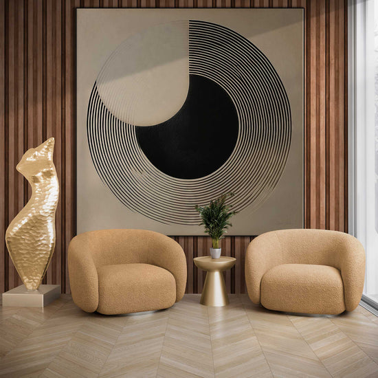 Minimalism Collection | Record of Equilibrium | Harmony in Abstract Black & White Contrast Art Print by Roderick Sebastiaan | Zone-RecordofEquilibriumliving-room-with-armchairs-and-sculpture-1x1-1-Panel