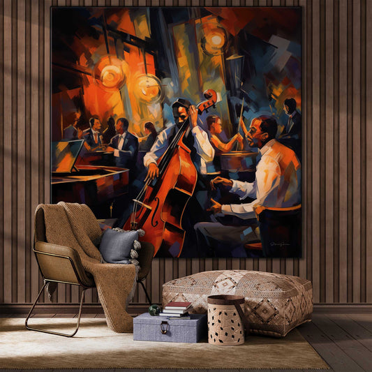 Music Collection | Roaring 20's French Quarter | Vibrant Jazz Abstraction in Elegant Art Frame by Roderick Sebastiaan | Zone-Roaring20_sFrenchQuarterliving-room-with-chair-and-large-pouf-1x1-1-Panel