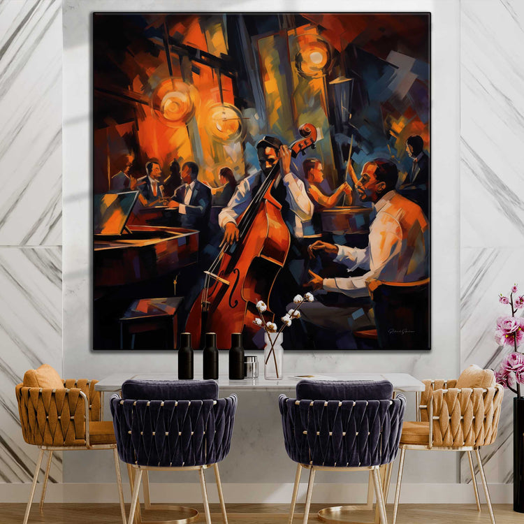 Music Collection | Roaring 20's French Quarter | Vibrant Jazz Abstraction in Elegant Art Frame by Roderick Sebastiaan | Zone-Roaring20_sFrenchQuarterstylish-dining-room-1x1-1-Panel