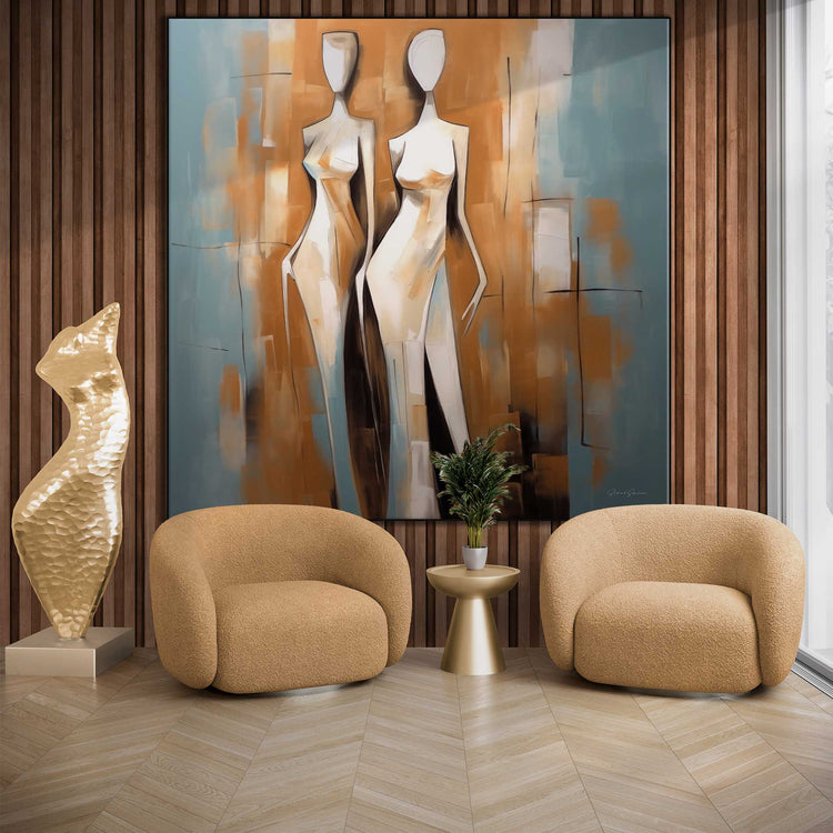 Feminine Collection | Santorini Silhouettes | Elegant Female Forms Against Mediterranean Hues by Roderick Sebastiaan | Zone-SantoriniSilhouettesliving-room-with-armchairs-and-sculpture-1x1-1-Panel