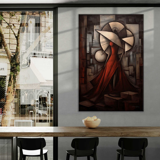 Feminine Collection | Scarlet Grace | Abstract Gracefulness and Passion in Fiery Shades on Art Cloth by Roderick Sebastiaan | Zone-ScarletGracecity-cafe-with-window-views