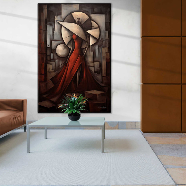 Feminine Collection | Scarlet Grace | Abstract Gracefulness and Passion in Fiery Shades on Art Cloth by Roderick Sebastiaan | Zone-ScarletGracehotel-lobby-with-ceramic-feature-wall-2x3-1-Panel