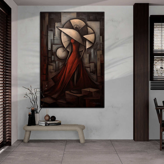 Feminine Collection | Scarlet Grace | Abstract Gracefulness and Passion in Fiery Shades on Art Cloth by Roderick Sebastiaan | Zone-ScarletGraceopen-plan-room-with-wood-accents