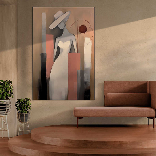 Feminine Collection | Silhouette in Flux | Fashionable Flowing Abstract Female Silhouette on Art Cloth by Roderick Sebastiaan | Zone-SilhouetteinFluxinterior-with-modern-sofa-on-platform-flooring