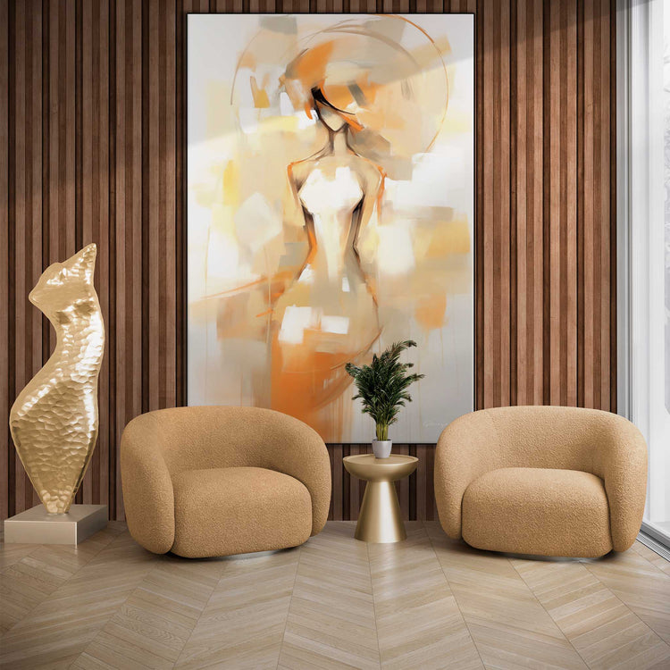 Feminine Collection | Silhouette in Sunlight | Radiant Sunlit Female Silhouette on Abstract Art cloth by Roderick Sebastiaan | Zone-SilhouetteinSunlightliving-room-with-armchairs-and-sculpture-2x3-1-Panel