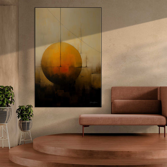 Abstract Collection | Solstitium Aeternum | Golden Celestial Body in Harmonious Abstraction by Roderick Sebastiaan | Zone-SolstitiumAeternuminterior-with-modern-sofa-on-platform-flooring