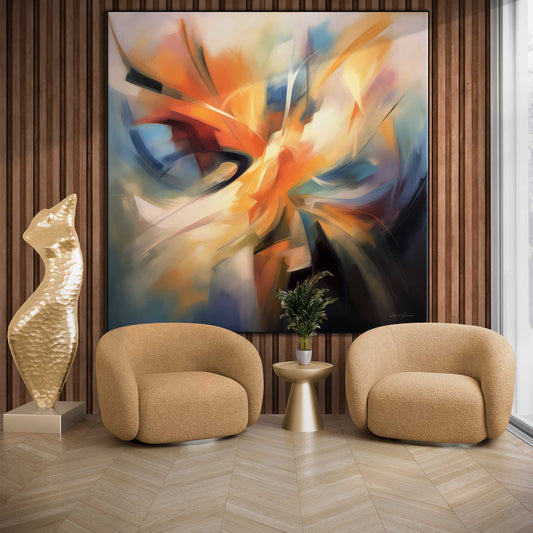 Abstract Collection | Soul of the Phoenix | Dynamic Abstract Artwork for Modern Interiors by Roderick Sebastiaan | Zone-SoulofthePhoenixliving-room-with-armchairs-and-sculpture-1x1-1-Panel