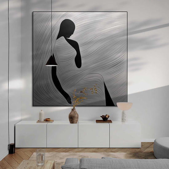 Minimalism Collection | Space of Reflection | Contemplative Monochrome Silhouette Art Print by Roderick Sebastiaan | Zone-SpaceofReflectionliving-room-with-long-cabinet-and-hanging-light