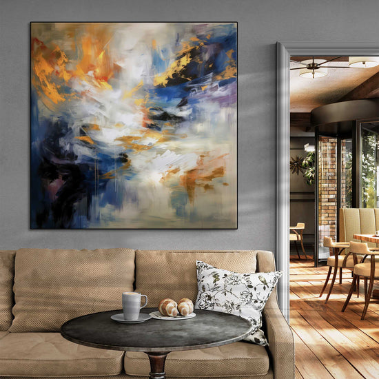 Abstract Collection | Sueños Dorados | Dreamy Gold and Blue Imagination on Art Frame by Roderick Sebastiaan | Zone-SuenosDoradoscafe-with-sofa-and-table