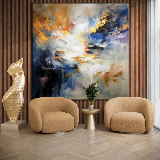 Abstract Collection | Sueños Dorados | Dreamy Gold and Blue Imagination on Art Frame by Roderick Sebastiaan | Zone-SuenosDoradosliving-room-with-armchairs-and-sculpture-1x1-1-Panel