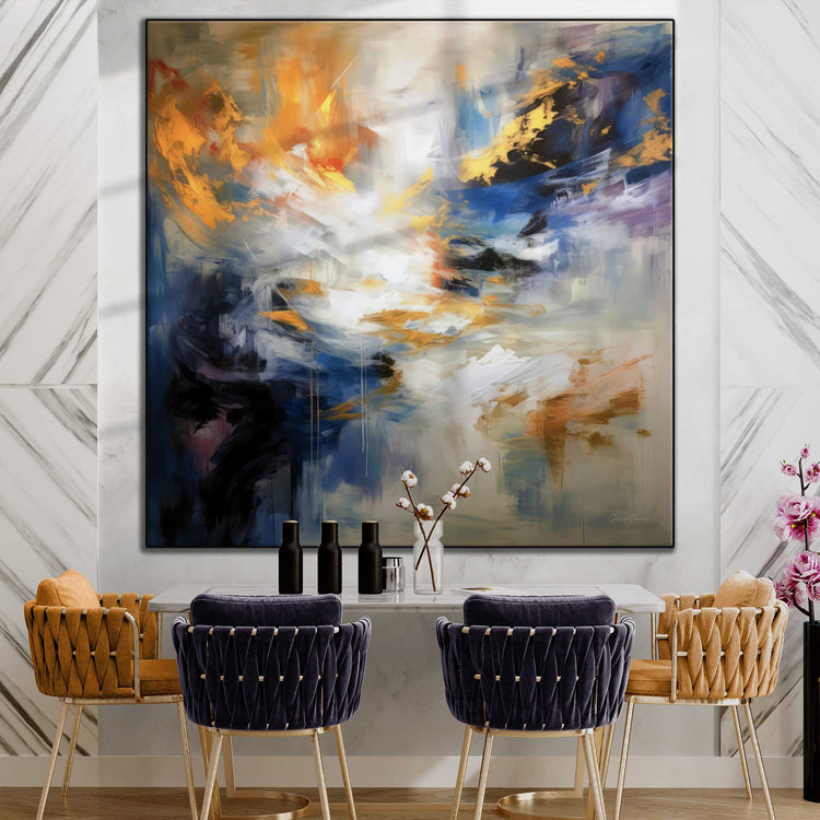 Abstract Collection | Sueños Dorados | Dreamy Gold and Blue Imagination on Art Frame by Roderick Sebastiaan | Zone-SuenosDoradosstylish-dining-room-1x1-1-Panel