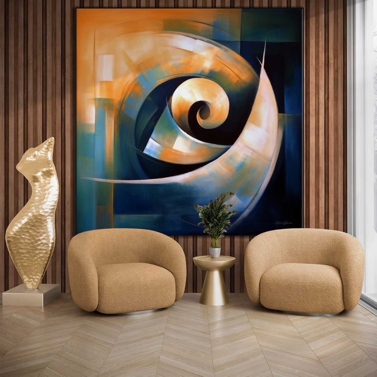 Abstract Collection | The Spiral | Abstract Dynamics and Movement in Modern Colours by Roderick Sebastiaan | Zone-TheSpiralliving-room-with-armchairs-and-sculpture-1x1-1-Panel