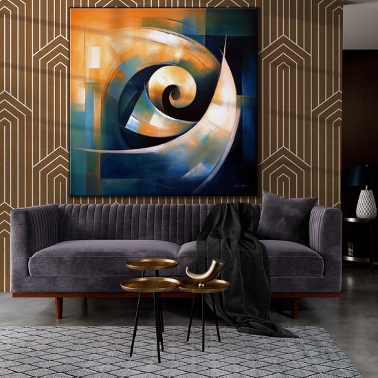 Abstract Collection | The Spiral | Abstract Dynamics and Movement in Modern Colours by Roderick Sebastiaan | Zone-TheSpiralliving-room-with-sofa-and-brass-tables-1x1-1-Panel