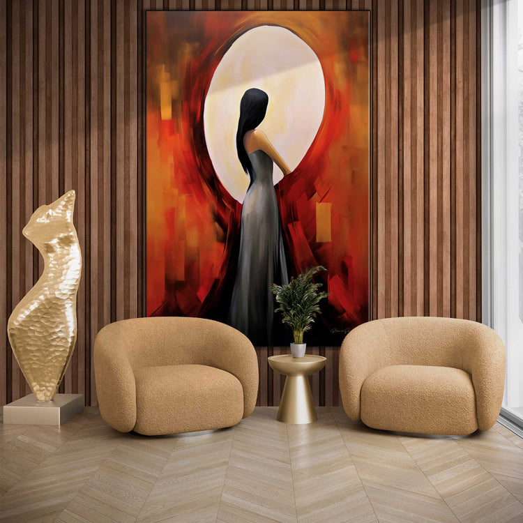 Feminine Collection | Turning Point | Abstract Embrace of Light and Shadow Artwork by Roderick Sebastiaan | Zone-TurningPointliving-room-with-armchairs-and-sculpture-2x3-1-Panel