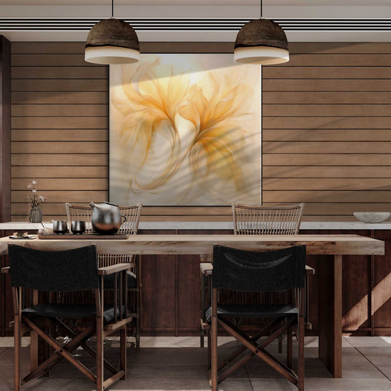 Botanical Collection | Vanilla Verve | Timeless Elegance in Flowing Shades of Yellow on Art Cloth by Roderick Sebastiaan | Zone-VanillaVervedining-area-with-solid-wood-table