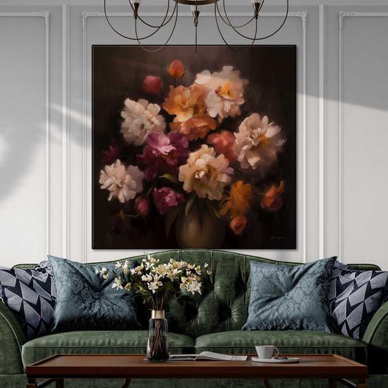 Botanical Collection | Velvet Floral Symphony | Impressionist Floral Elegance Artwork by Roderick Sebastiaan | Zone-VelvetFloralSymphonyclassic-living-room-with-fancy-sofa