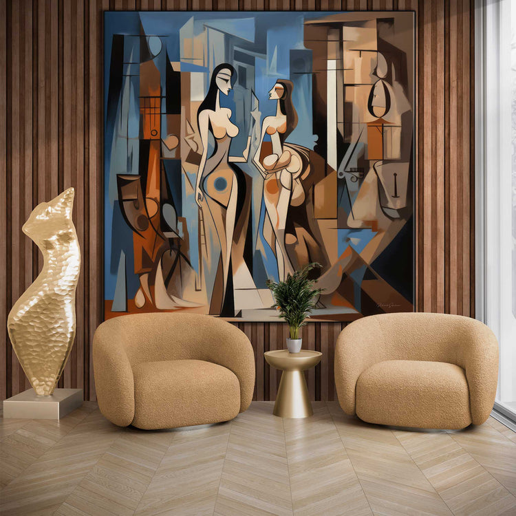 Surrealism Collection | Ville de Rêve No.1 | Abstract Meeting in a Dream City on Art Cloth by Roderick Sebastiaan | Zone-VilledeReveNo.1living-room-with-armchairs-and-sculpture-1x1-1-Panel