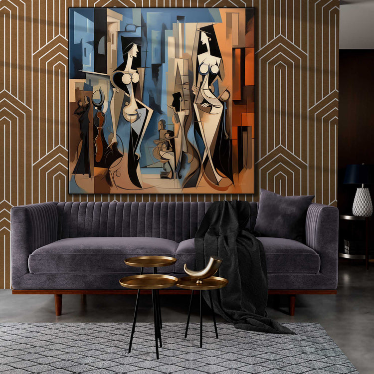 Surrealism Collection | Ville de Rêve No.2 | Cubist Imagination of Urban Elegance by Roderick Sebastiaan | Zone-VilledeReveNo.2living-room-with-sofa-and-brass-tables-1x1-1-Panel