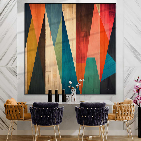 Geometry Collection | Woodland Contrasts No.1 | Colourful Geometric Wood Pattern on Art Cloth by Roderick Sebastiaan | Zone-WoodlandContrastsNo.1stylish-dining-room-1x1-1-Panel