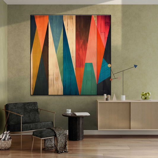 Geometry Collection | Woodland Contrasts No.1 | Colourful Geometric Wood Pattern on Art Cloth by Roderick Sebastiaan | Zone-WoodlandContrastsNo.1trendy-living-room-with-wall-cabinet