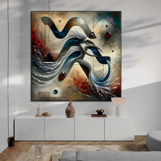 Zodiac Collection | Zodiac Sign Aquarius with Garnet Birthstone in Modern Art Frame by Roderick Sebastiaan | Zone-ZodiacSignAquariuswithGarnetBirthstoneliving-room-with-long-cabinet-and-hanging-light